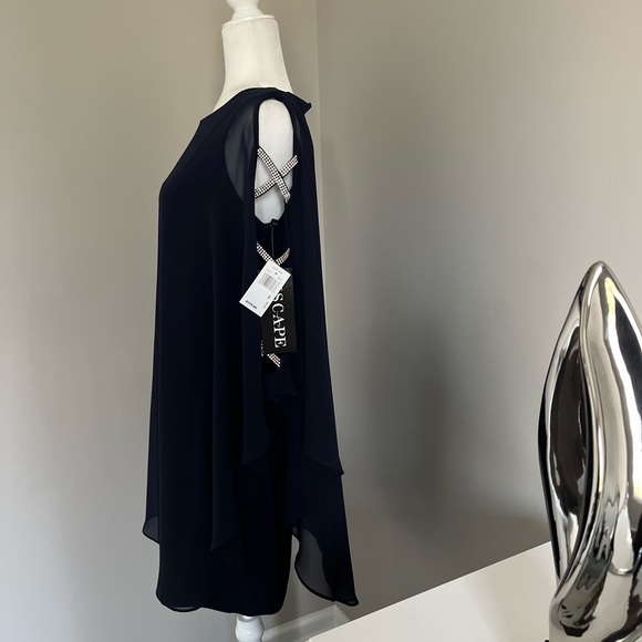 NWT Xscape Navy Blue Sheer Cape Rhinestone Cut-out Cocktail Gown Dress - Picture 6 of 13